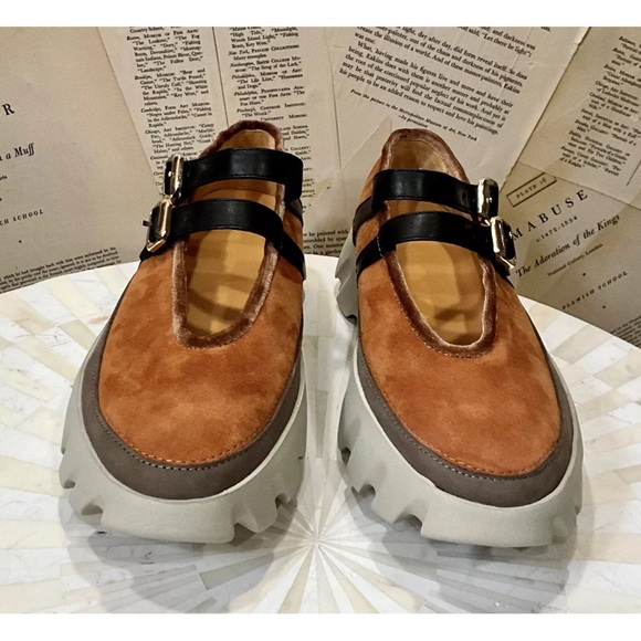 Free People 4CCCCEES Tura Mary Janes Platform Shoe Tan Gold Suede Black - Picture 11 of 12